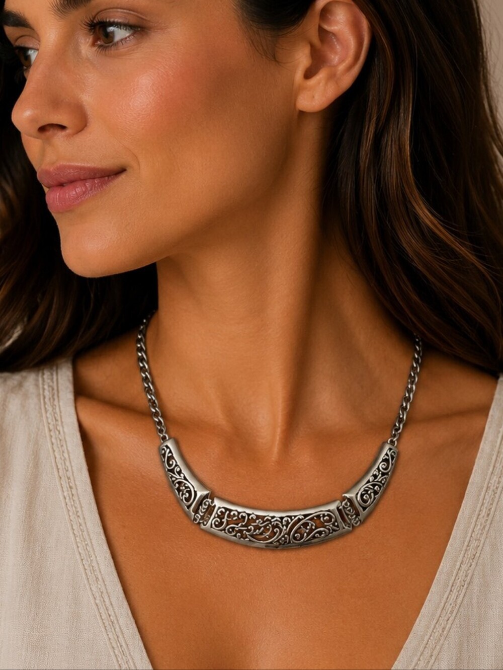 BRIGHTON Silver Plated Deco Lace Scroll Bib Chain Castlecore Necklace